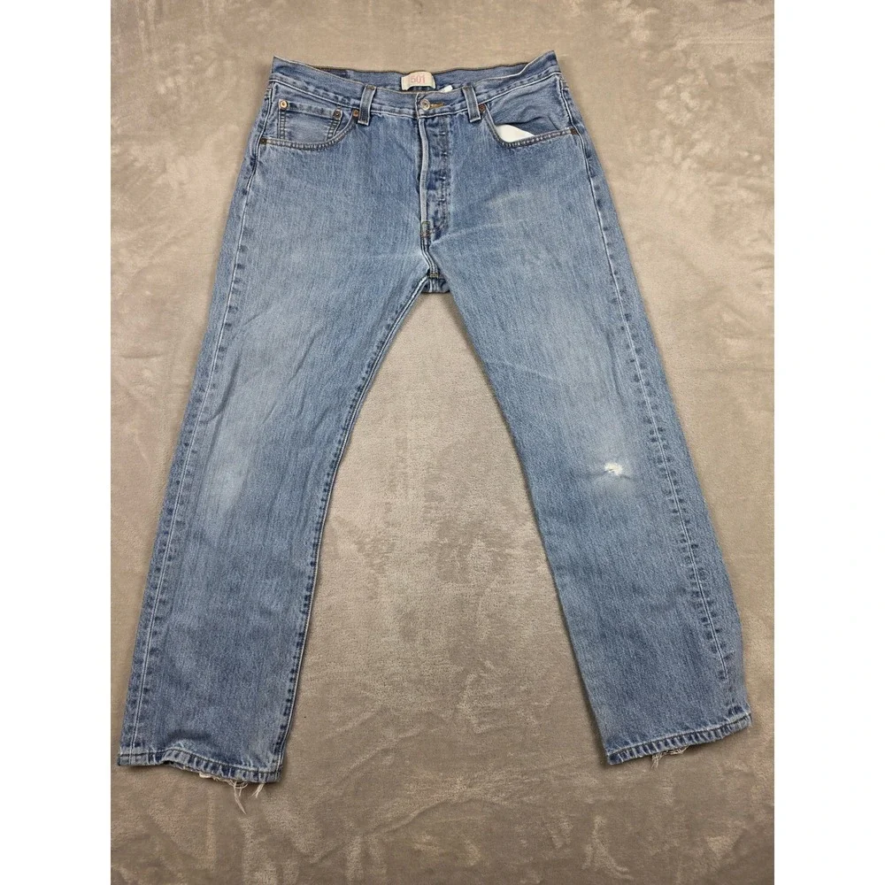 Levis 501 Button Fly Jeans Mens W34 L29 Blue Straight Distressed Denim 2008